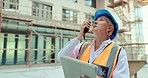 Construction worker, call or architect woman with tablet for networking, communication or planning in construction site. Logistics, industrial or employee with leadership for engineering strategy