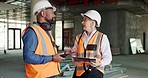 Construction, clipboard and walkie talkie, communication and working, black man and mature woman talk, inspection and check, job site and engineering. Engineer, inspector and checklist for building.