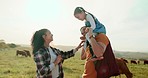 Love, farm animal and happy family play together, bond and enjoy fun quality time on outdoor countryside grass field. Livestock cattle farming, agriculture and peace and freedom for cow farmer family