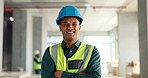 Construction, building and construction worker, man and smile in portrait, employee at construction site with work vest and safety helmet. Working, architecture industry and renovation job.