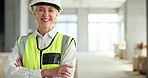 Construction, portrait and architect with a smile for building, renovation and maintenance of a house. Face of a happy, mature and construction worker with pride and arms crossed in architecture