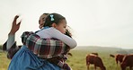 Happy family farm, hug and mother and child bond, relax or enjoy quality time together on live stock agriculture field. Love, freedom and peace for farmer mom and kid girl on countryside nature grass