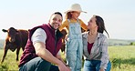 Family, farm and agriculture with a girl, mother and father on a field or meadow of grass with cattle. Sustainability, love and children with a man, woman and daughter on a farmer ranch together