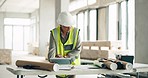 Construction woman, tablet or architect blueprint with engineer planning, documents or research on web for innovation idea. Design, engineering or tech for creative strategy in construction site