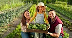 Plant, vegetables and happy family on a farm farming agriculture growth, natural and organic healthy food. Mother, father and child with a big smile from learning harvesting and nature sustainability