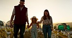 Chicken, farm and family love and happy together bonding farming lifestyle. Young farmer mom, dad and smiling child spend time, hold hands and walk in sunshine on countryside agriculture field