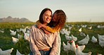 Hug, child and mother on a farm with chicken on mothers day, travel or holiday in Argentina together. Happy, portrait and kiss from girl with her mama on a field with animals during vacation