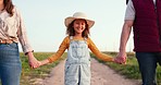 Agriculture, farming and family holding hands on farm in summer countryside. Mom, dad and portrait of young girl excited for future career in family business as farmer with parents support and love