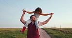 Happy family, father and child walking on a farm on a relaxed, calm and peaceful holiday vacation outdoors. Smile, happiness and young girl enjoys bonding and love having fun with dad in nature field