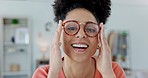 Glasses, hands and dance portrait of black woman in home with fashion optometry frames on face. Funky, retro and vintage eyewear of girl dancing in bedroom with excited smile for Gen Z style.