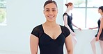 Portrait, ballet dancer and woman with smile, on rest and being happy, confident and proud in dance studio. Black girl, lady or artist being creative, prepare or practice for training or performance.