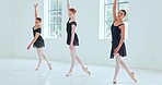 Ballet, dance and art with woman ballerina friends training in a studio for a theatre performance or recital. Creative, class and movement with a female dancer group practicing a routine for theater