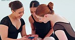 Women ballet, talking and on floor for communication connect, on break and rest after rehearsal, training and chat together. Dancers, laugh and smile being happy, after practice or have fun to relax