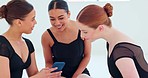 Ballerina, smartphone and technology, funny and social media check together, comic and laughing in ballet studio. Young creative, dancer and diversity, dance group and mobile app, meme and comedy.