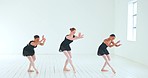 Woman ballet group, training and performance to prepare, dancing and practice routine in studio. Female ballerina, girls and professional dancers doing moving, in ballet room and entertainment gig