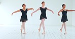 Ballet, group woman dancer and training in studio for dance performance in an academy or professional artist career. Creative, balance and girl team dancing together in hall for opera show on mock up