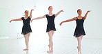 Ballet studio, dance and creative women practice abstract dancing routine for recital, competition or performance art exhibition. Dancer team work on ballerina training for talent show production