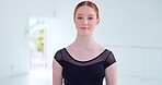 Ballet, smile and portrait of ballerina in studio ready to start practice, training and dance. Motivation, confidence and young ballet dancer in dancing class, academy and performance art school