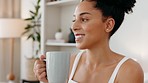 Black happy woman, coffee and home morning routine happiness lifestyle thinking before work. Young african girl smile, smell warm drink and enjoying relax healthy calm wellness freedom in house  