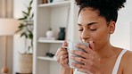 Black woman, coffee aroma and thinking of health tea for wellness, relax and happy drink in apartment freedom self care and peace. Calm girl smell morning motivation for healthy mindfulness time 