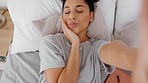 Pov, selfie and woman in bed, happy, wake up and relax in a bedroom, hand and peace sign in her home. Portrait, waking up and black woman pose for photo while resting, lying and having fun alone 