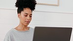 Laptop, woman thinking and business email communication online, startup business or computer glitch. Young black girl, data research tech stress and reading corporate conversation message in office