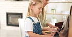 Piano, girl and student learning from teacher teaching musical keyboard skills for child development. Woman, mentor and instructor helping a creative, artistic and young kid be a talented musician