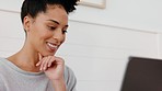 Thinking, success and motivation with a black woman in business nodding her head in agreement while freelance working on a laptop. Computer, email and idea with a female entrepreneur in her home