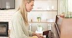 Woman, piano and music, musician and pianist, practice and training for performance, classical and contemporary creativity at home. Art, concert or symphony preparation, playing musical instrument.