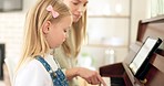 Young girl, teacher and piano with training, practice and concentrate for lesson, instructions and use tablet for keys.  Female student, lady pianist and learning music or child art development.