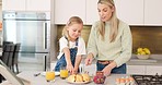 Breakfast, morning and mother and kid cooking, help or prepare croissant meal, fruit or food in home kitchen. Love, happy family and youth girl with mom, mama or woman enjoy fun quality time and bond