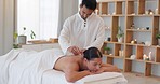 Back acupuncture, health and woman at spa to relax, healing or physiotherapy at luxury clinic for alternative medicine. Chinese medicine, wellness and man helping or putting needles on female body.

