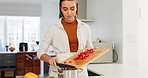 Woman, cooking and kitchen, vegetable and nutrition, board and knife, healthy food and diet at home. Young, chef and chop pepper with tomato, nutritional meal and fresh, organic and raw.