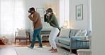 Gaming, vr and metaverse with couple in living room for future, technology and 3d digital games. Innovation, virtual reality and internet with man and woman gamer at home for relax, happy and boxing