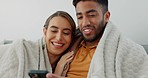 Happy, couple with phone for communication, networking or social media app at home. Movie, video or love man and woman relax in living room streaming online, internet or website with smile in house