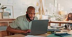 Black man, networking or working on laptop for planning, creative research or strategy for company vision or mission. Business, typing at night with corporate report, schedule or SEO calendar agenda.