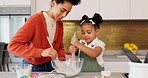 Family, cooking and child learning baking fun skills development activity and bonding in kitchen at home. Happy mother, kid smile and mom teaching to bake cake recipe, support and trust relationship