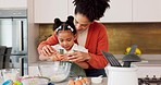 Mother, child and baking with eggs in the kitchen for family bonding, learning and fun with ingredients at home. Happy mom teaching helpful kid to bake, cook or mix for recipe together at the house