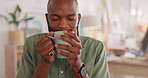 Aroma, smell and businessman on coffee break in the office to relax with cup of coffee in hands. Satisfaction, aromatic and black man working in creative workspace smelling hot beverage on break