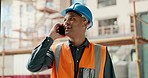 Phone call, construction site and engineer man talking for architecture planning, building project and industrial development. Builder contractor or worker cellphone conversation for property update