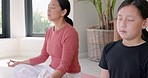 Yoga, meditate and family wellness training of a mother and girl at home in a fitness studio. Health, exercise and mindfulness workout of a mama and kid feeling calm, relax and peace at a house