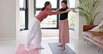 Yoga, fitness and Asian mother with child at home doing exercise, workout and training together. Asian family, support and mom help girl with position in exercising for health, wellness and wellbeing