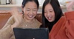 Asian mom, girl on tablet video call and wave with a smile on sofa of apartment living room in Tokyo Japan. Happy mother, Japanese child laugh and use 5g global internet connection for streaming call