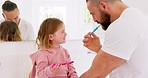 Father, learning and teaching girl to brush teeth with toothbrush, dental hygiene and gum healthcare. Man, daughter and laughing in bathroom, healthy mouth or wellness with support for cleaning tooth