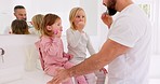 Brushing teeth, family and bathroom by children learning, cleaning and grooming with father in morning. Happy family, teaching and kids with parent brushing, oral and mouth health, teeth and hygiene