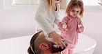 Family, cleaning and father and girl face mask skincare, wellness and grooming in bathroom together. Happy family, facial and beauty product by kids and parent bonding, having fun and relax in home 