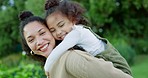 Nature, mom and daughter piggy back in Puerto Rico together for affection, attachment and love. Happy family, care and smile of young mother enjoying parenting bond with cute and loving child.