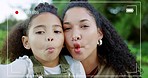 Selfie, video and mother with child in park doing silly faces and funny expressions on recording frame. Bonding, love and playful mom with girl in nature, having fun and using tech outdoors together