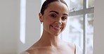 Ballet, happy and portrait of woman in class on dance break with beautiful smile at professional dancing training. Ballerina, happiness and healthy student relaxing at performance practice.