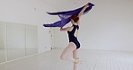 Ballet, studio and woman dance with fabric, training for performance art exhibition or abstract dancing during practice. Talent, creative dancer and prima ballerina working on elegant recital routine